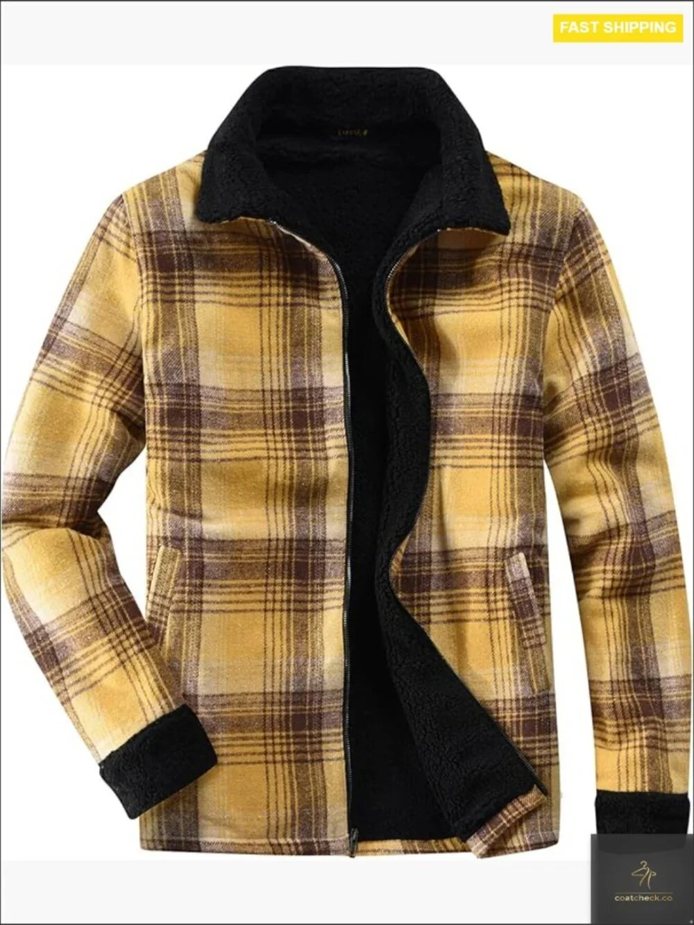 Sherpa Lined Fleece Jacket Plaid Flannel Loose Fit Boyfriend Style Zip Up